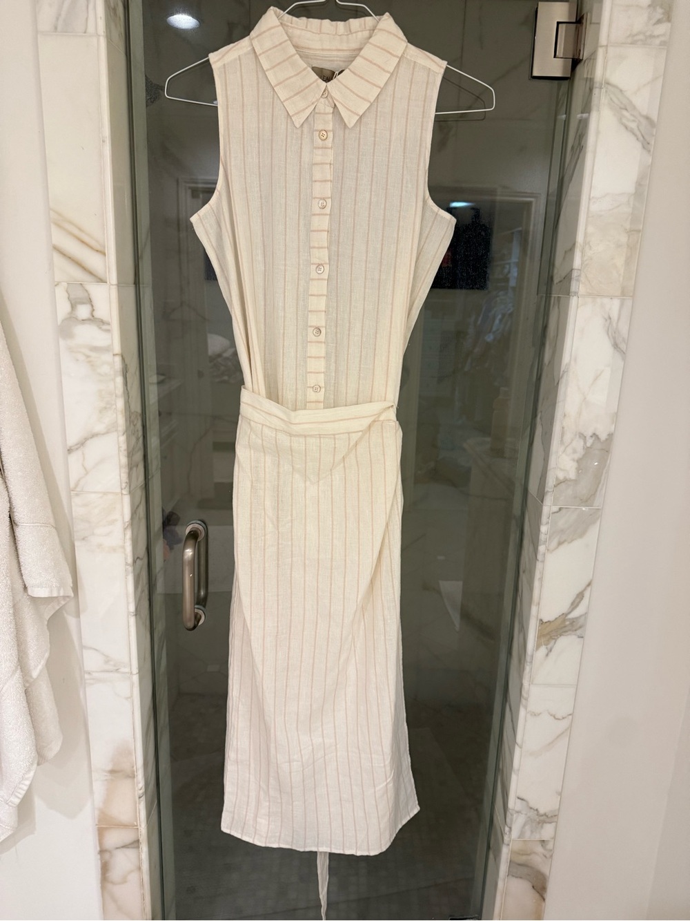 Leallo Stripe Linen Wrap Dress-  Cream linen Shirt with Pink Stripes